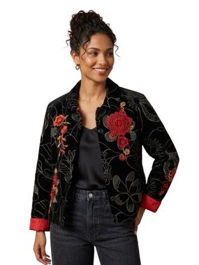 Tantrums Vintage Black Red Cotton Jacket with Floral Embroidery Size L